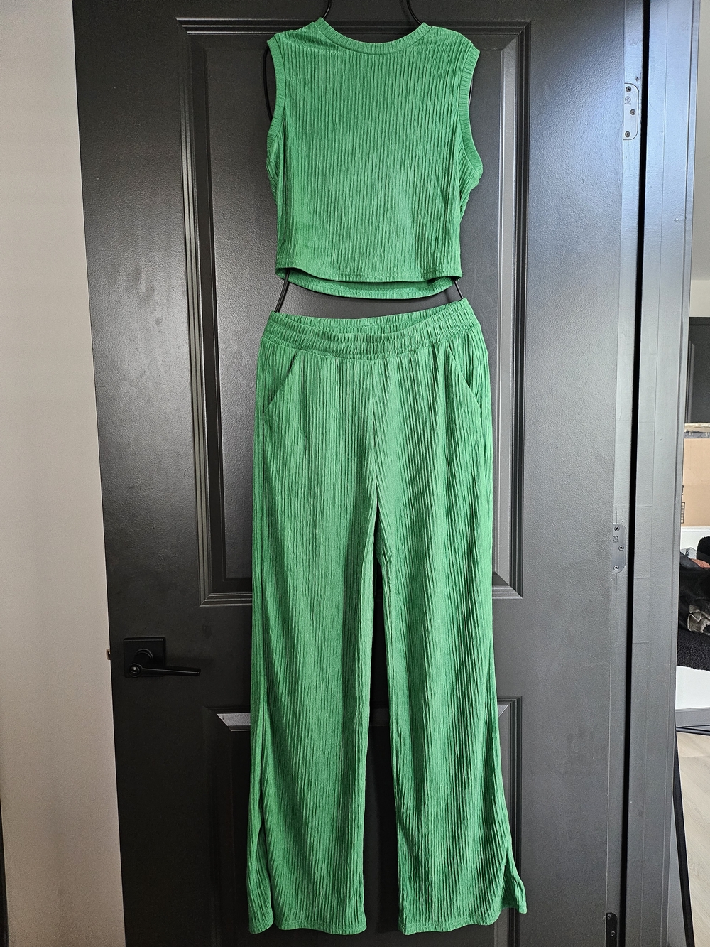 Green Ribbed Wide-Leg Pants & Crop Top Set
